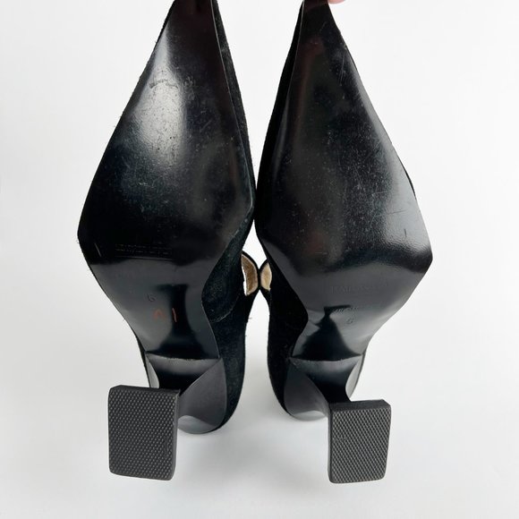 John Fluevog Suede Leather Pointed Square Toe Chunky Curve Heel Mary Jane Witchy - Picture 6 of 8